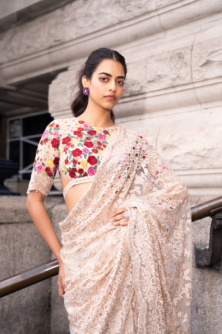 Beige Multi-Coloured Thread Work Saree