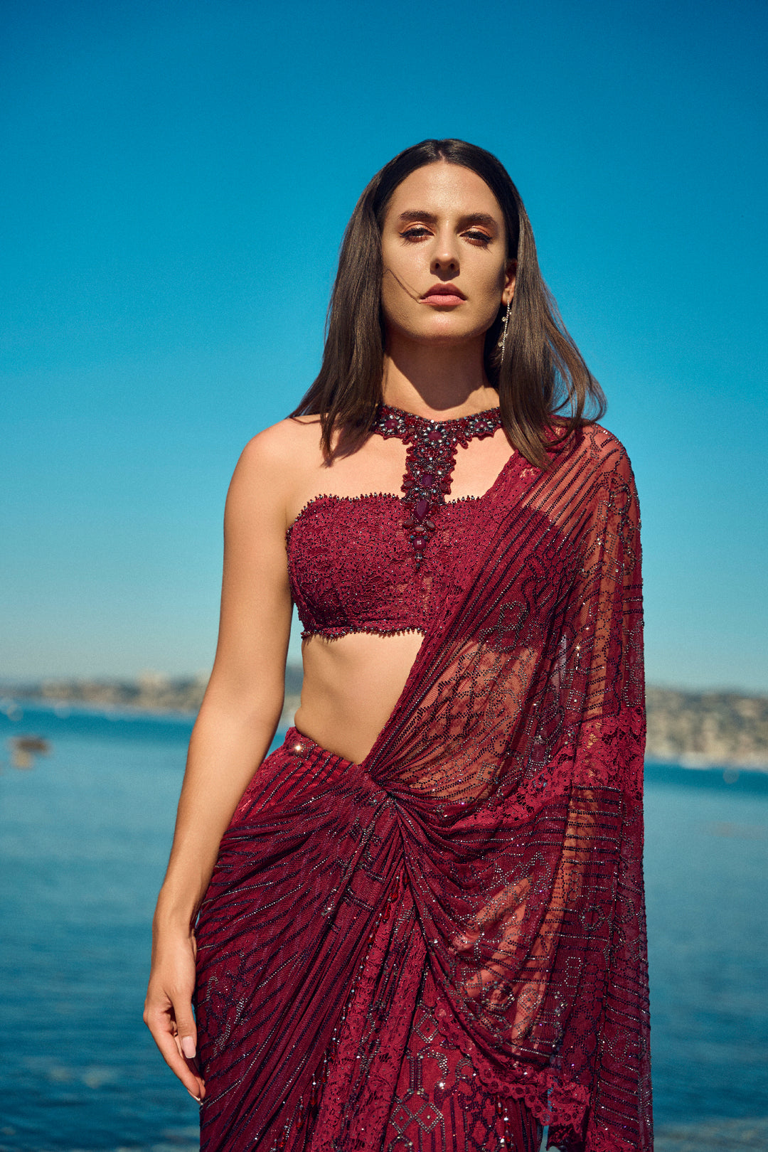 Burgundy Crystal Pre-Draped Saree