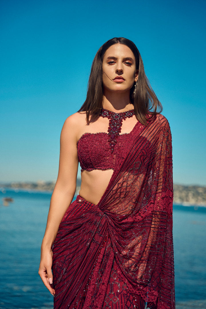 Burgundy Crystal Pre-Draped Saree