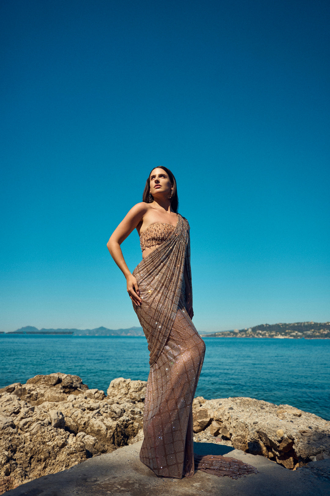Champagne Crystal Pre-Draped Saree