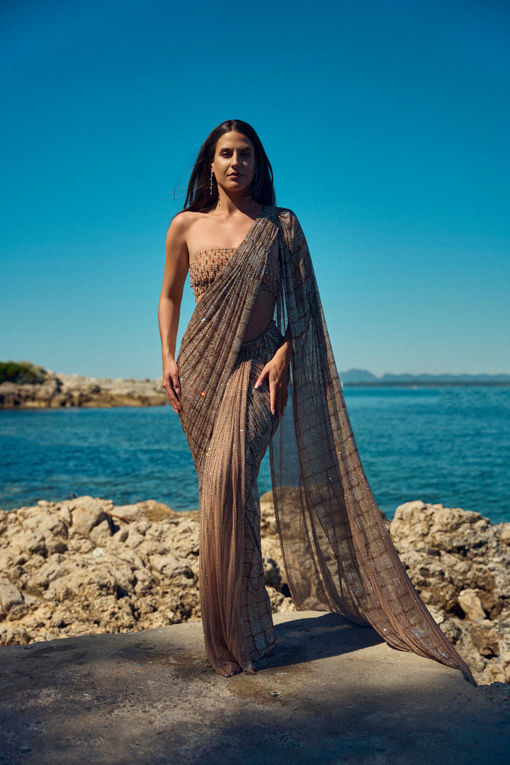 Champagne Crystal Pre-Draped Saree
