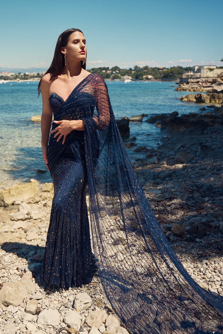 Midnight Crystal Pre-Draped Saree