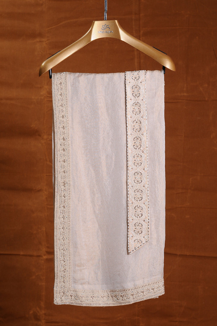 Light Beige Raw Silk Embroidered Sherwani With Monga Tussar Kurta And Churidar