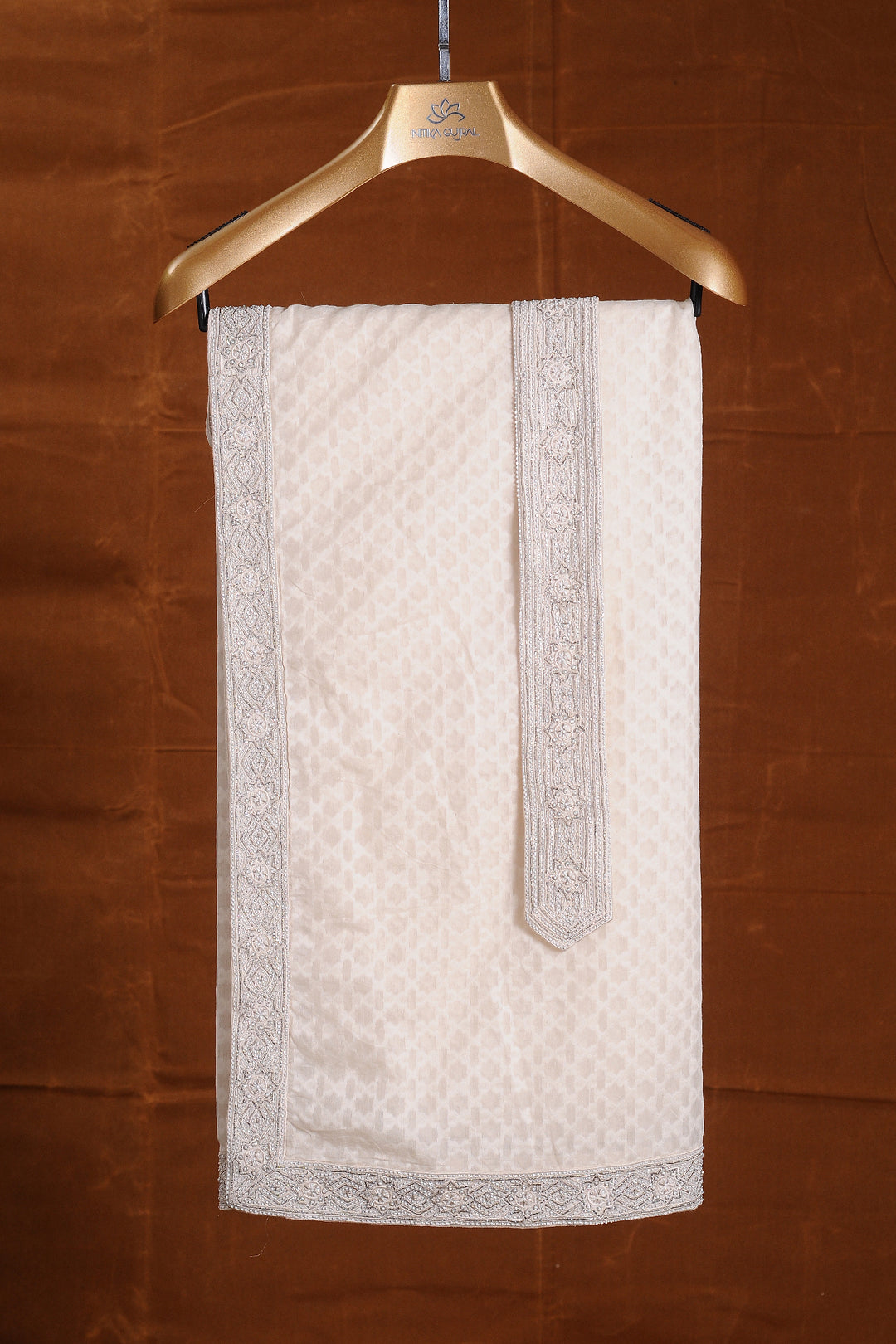 Raw Silk Embroidered Sherwani With Monga Tussar Kurta And Churidar
