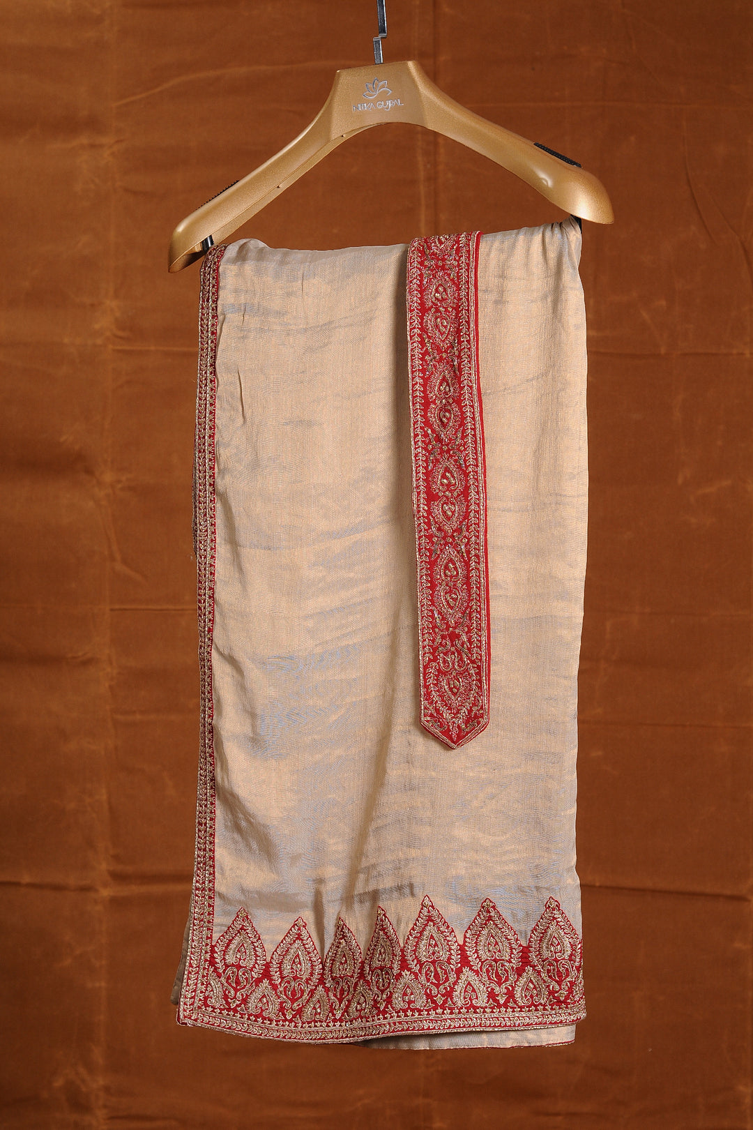Red Matka Silk Embroidered Sherwani With Beige Monga Tussar Kalidar Kurta And Churidar