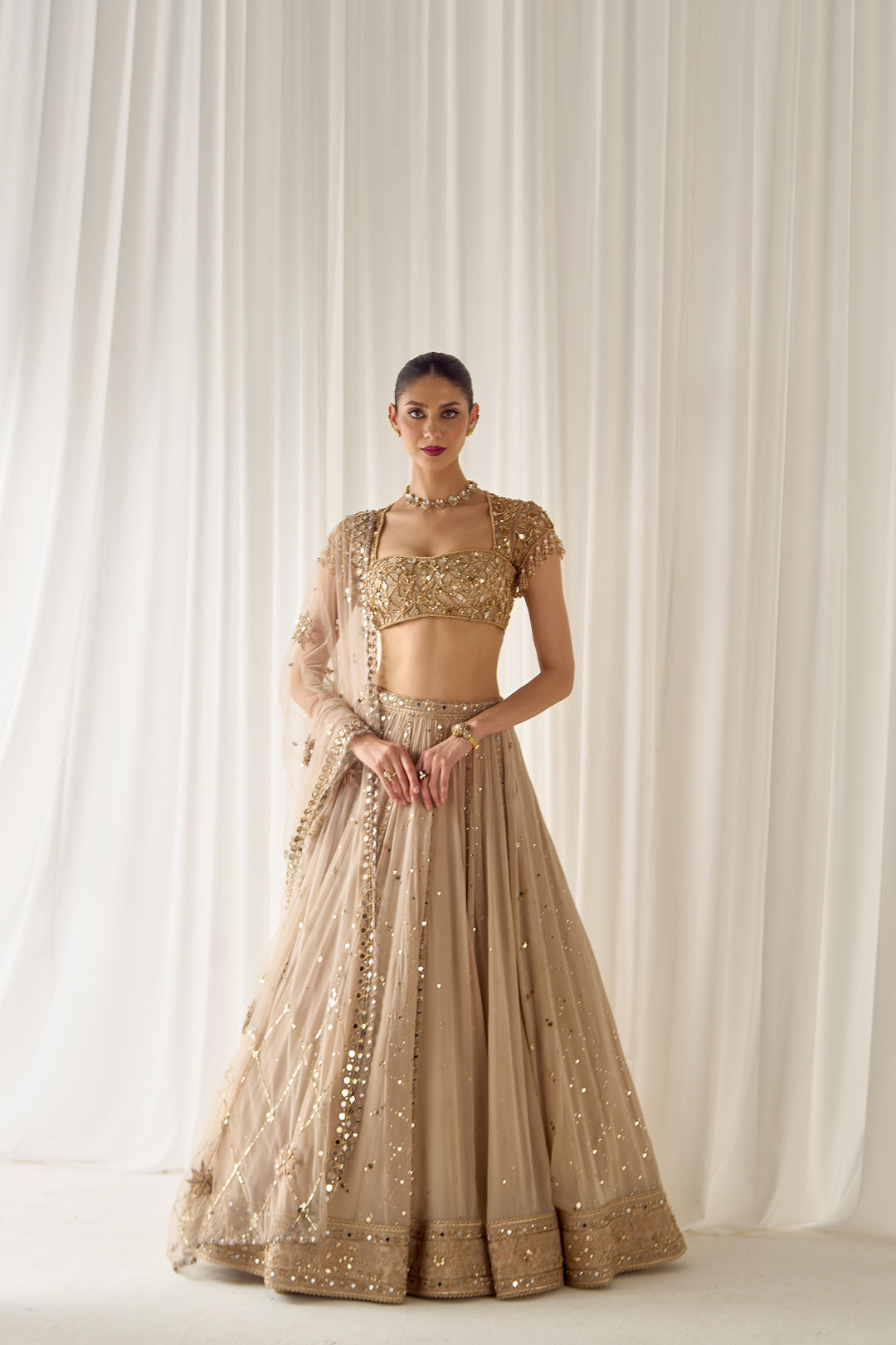 Beige Mukaish And Mirrorwork Lehenga