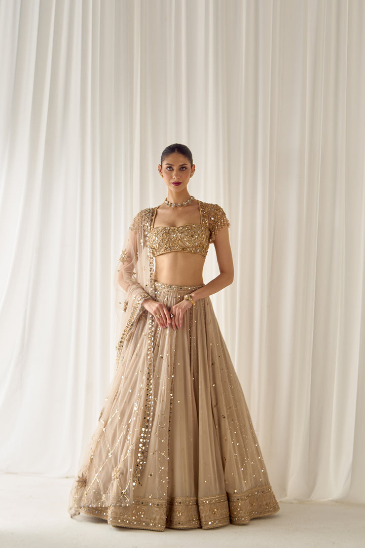 Beige Mukaish And Mirrorwork Lehenga