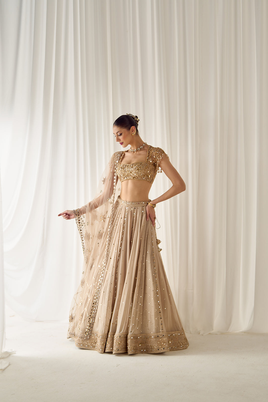 Beige Mukaish And Mirrorwork Lehenga