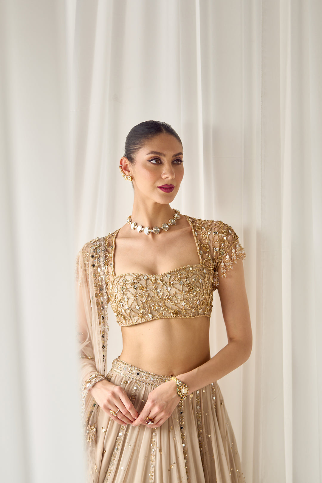 Beige Mukaish And Mirrorwork Lehenga