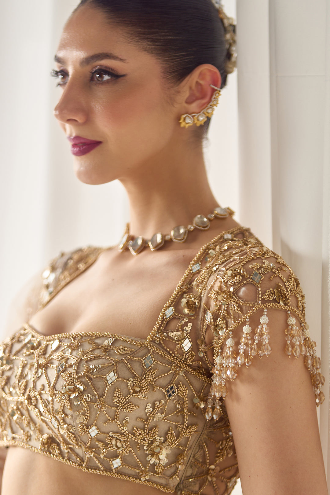 Beige Mukaish And Mirrorwork Lehenga