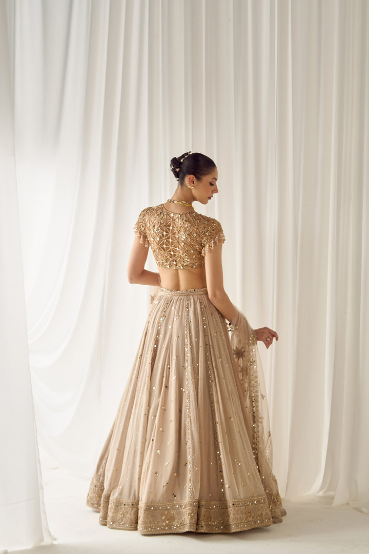 Beige Mukaish And Mirrorwork Lehenga