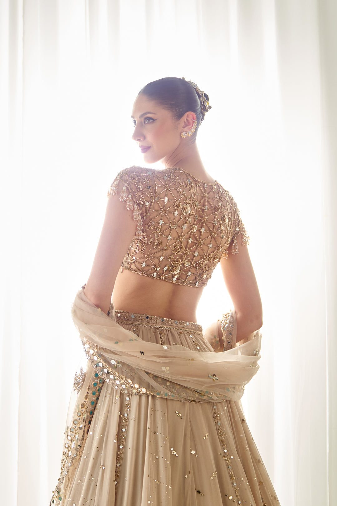 Beige Mukaish And Mirrorwork Lehenga
