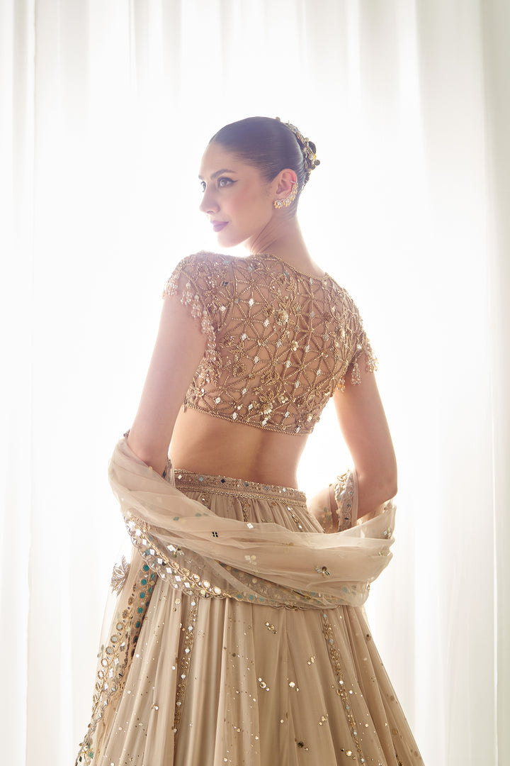 Beige Mukaish And Mirrorwork Lehenga