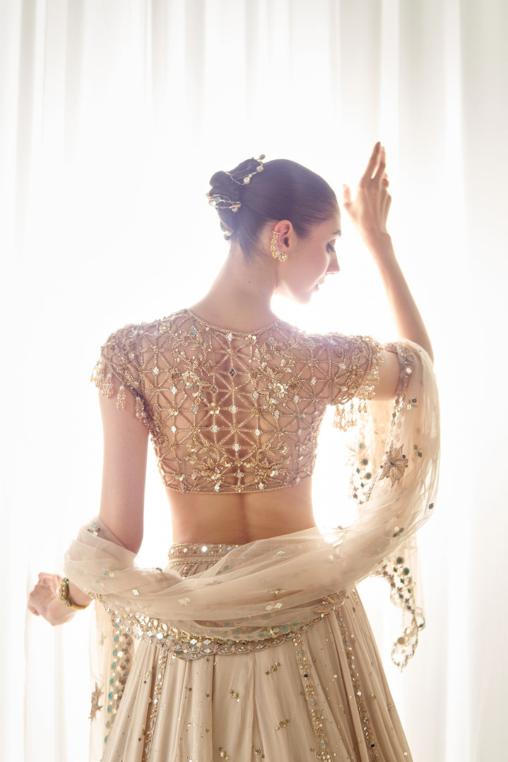 Beige Mukaish And Mirrorwork Lehenga