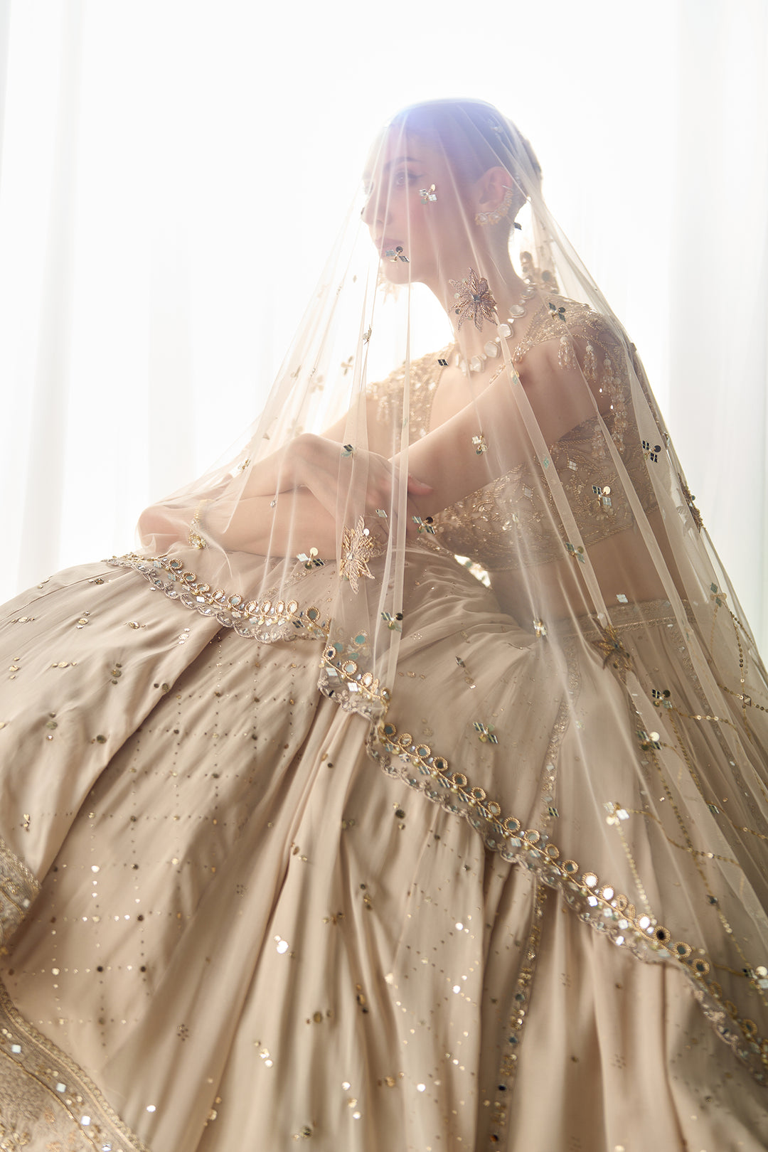 Beige Mukaish And Mirrorwork Lehenga