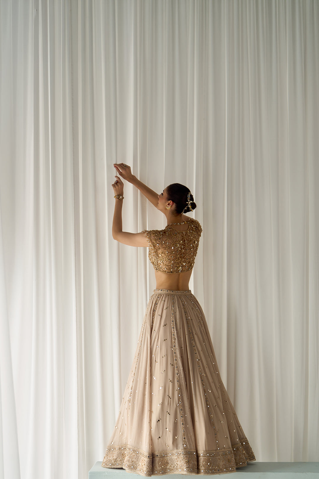 Beige Mukaish And Mirrorwork Lehenga