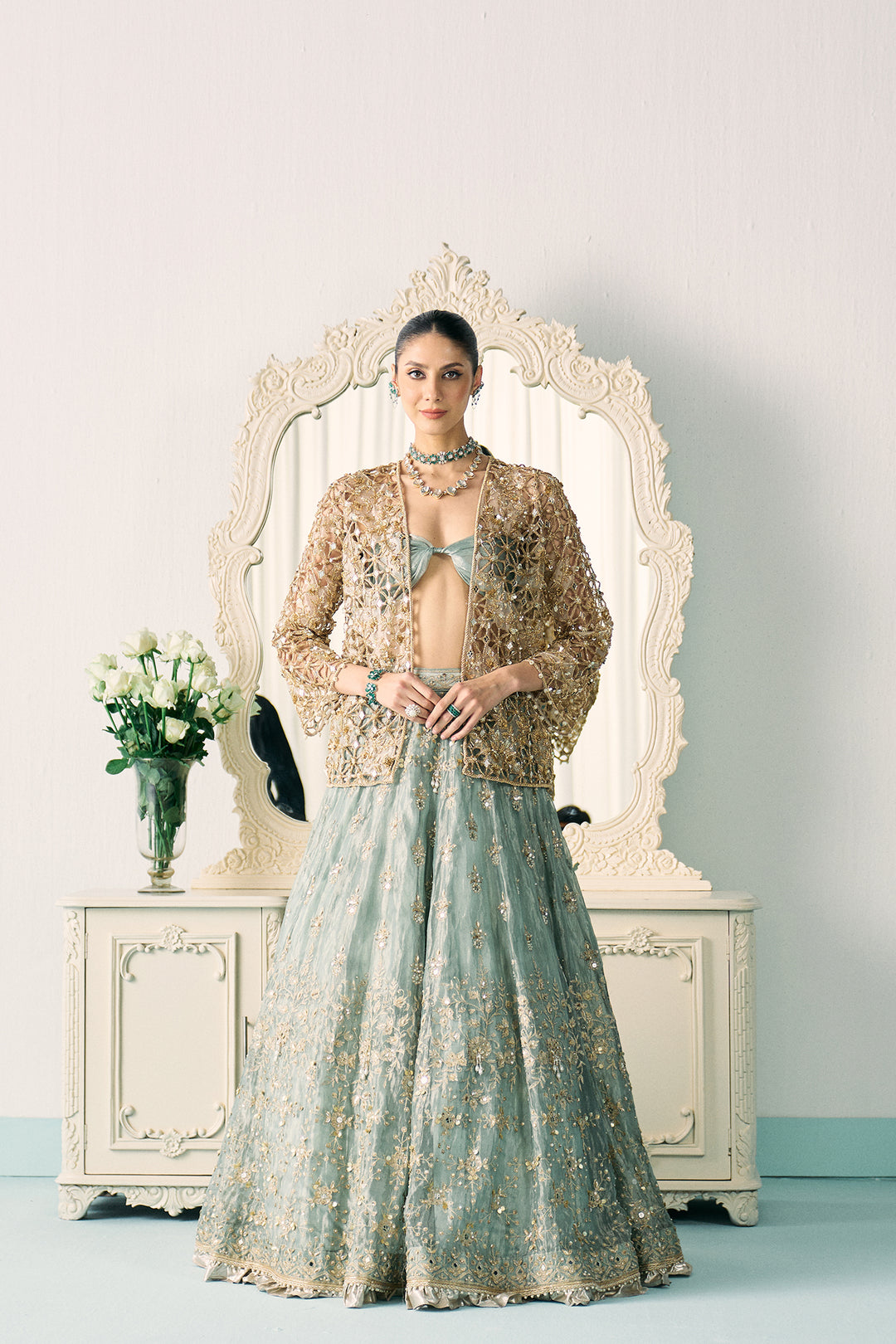 Aqua Tissue Lehenga With Jacket