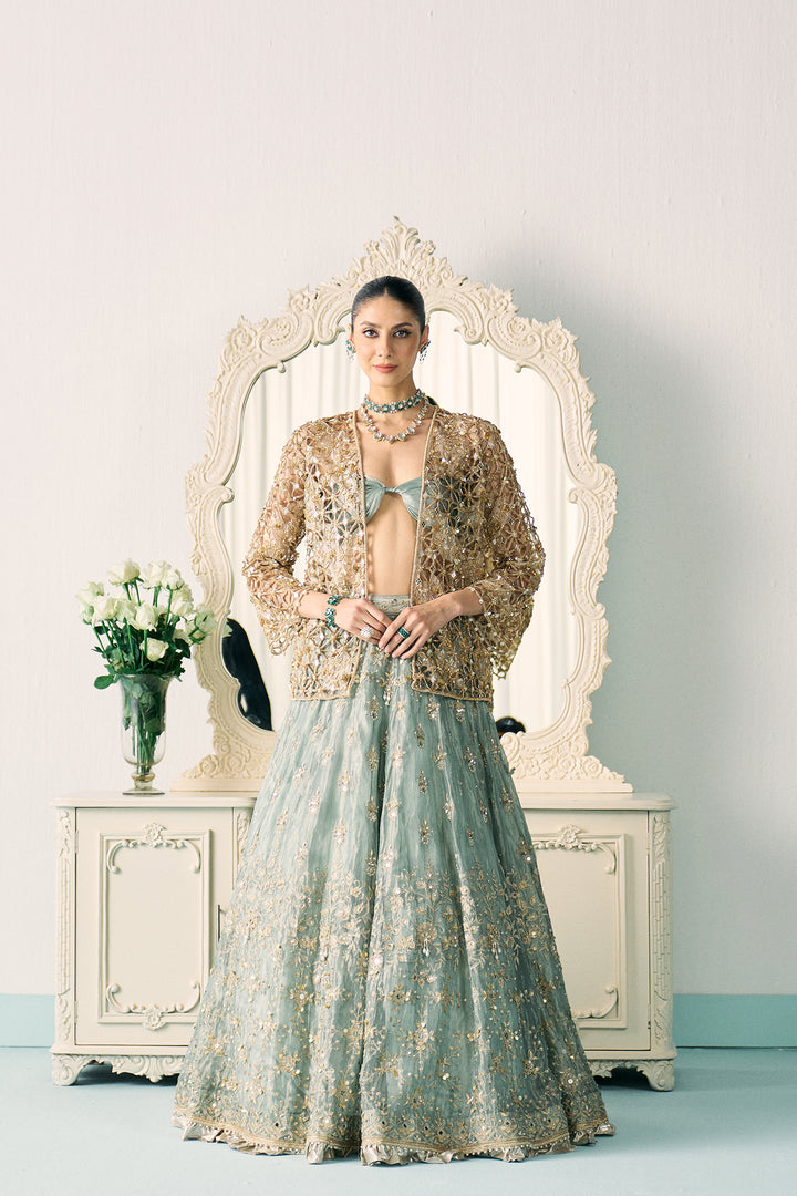 Aqua Tissue Lehenga With Jacket