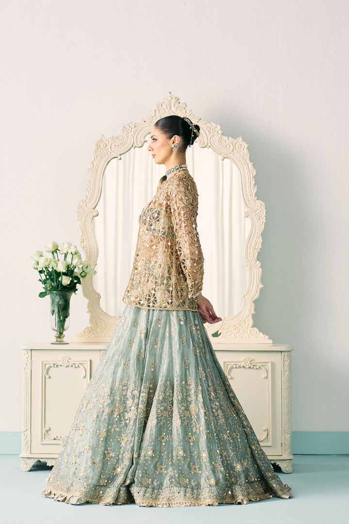 Aqua Tissue Lehenga With Jacket