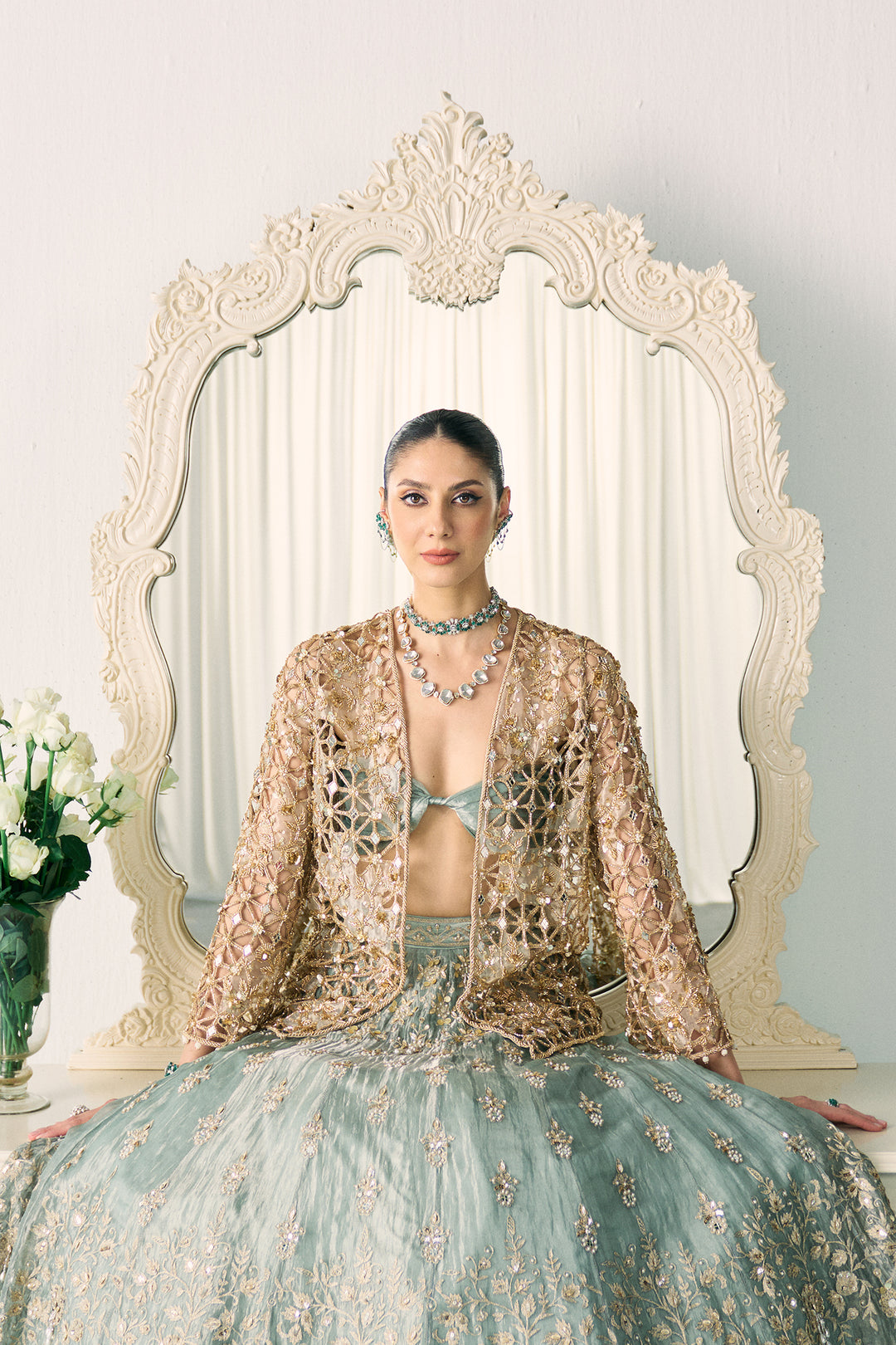 Aqua Tissue Lehenga With Jacket