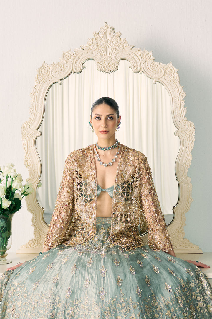 Aqua Tissue Lehenga With Jacket