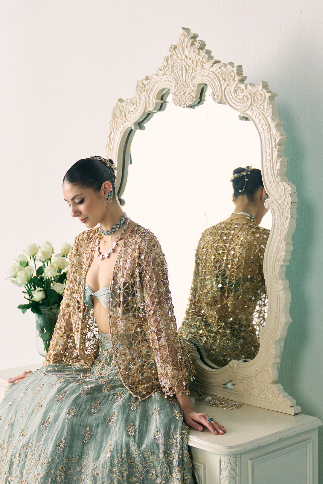Aqua Tissue Lehenga With Jacket