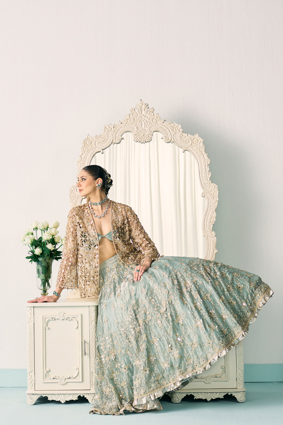 Aqua Tissue Lehenga With Jacket