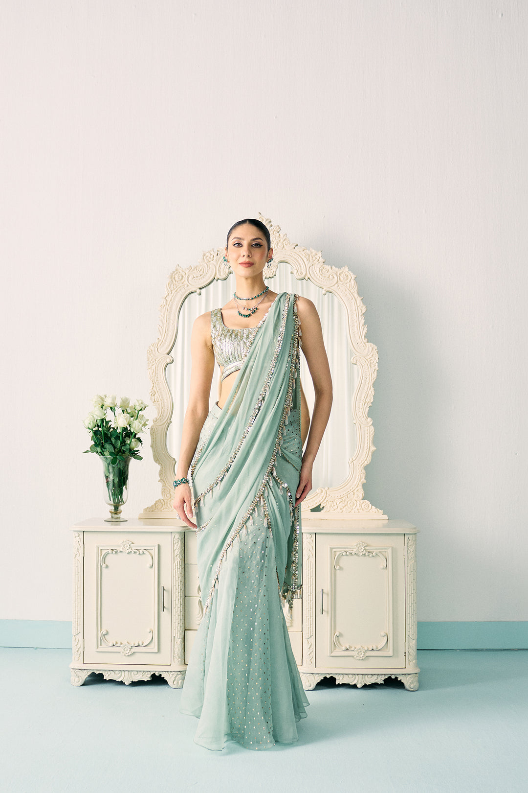 Aqua Mukaish Work Saree