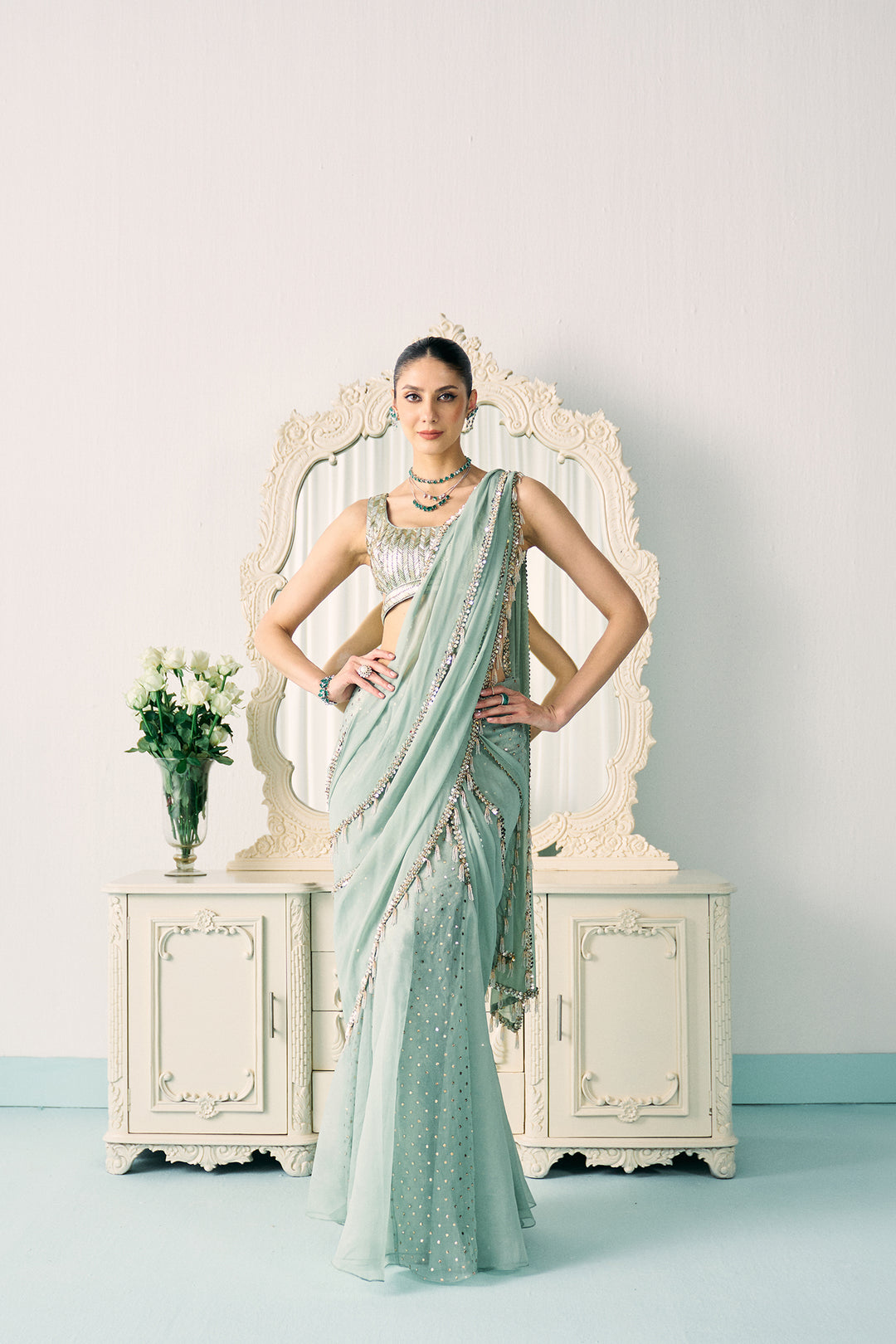 Aqua Mukaish Work Saree
