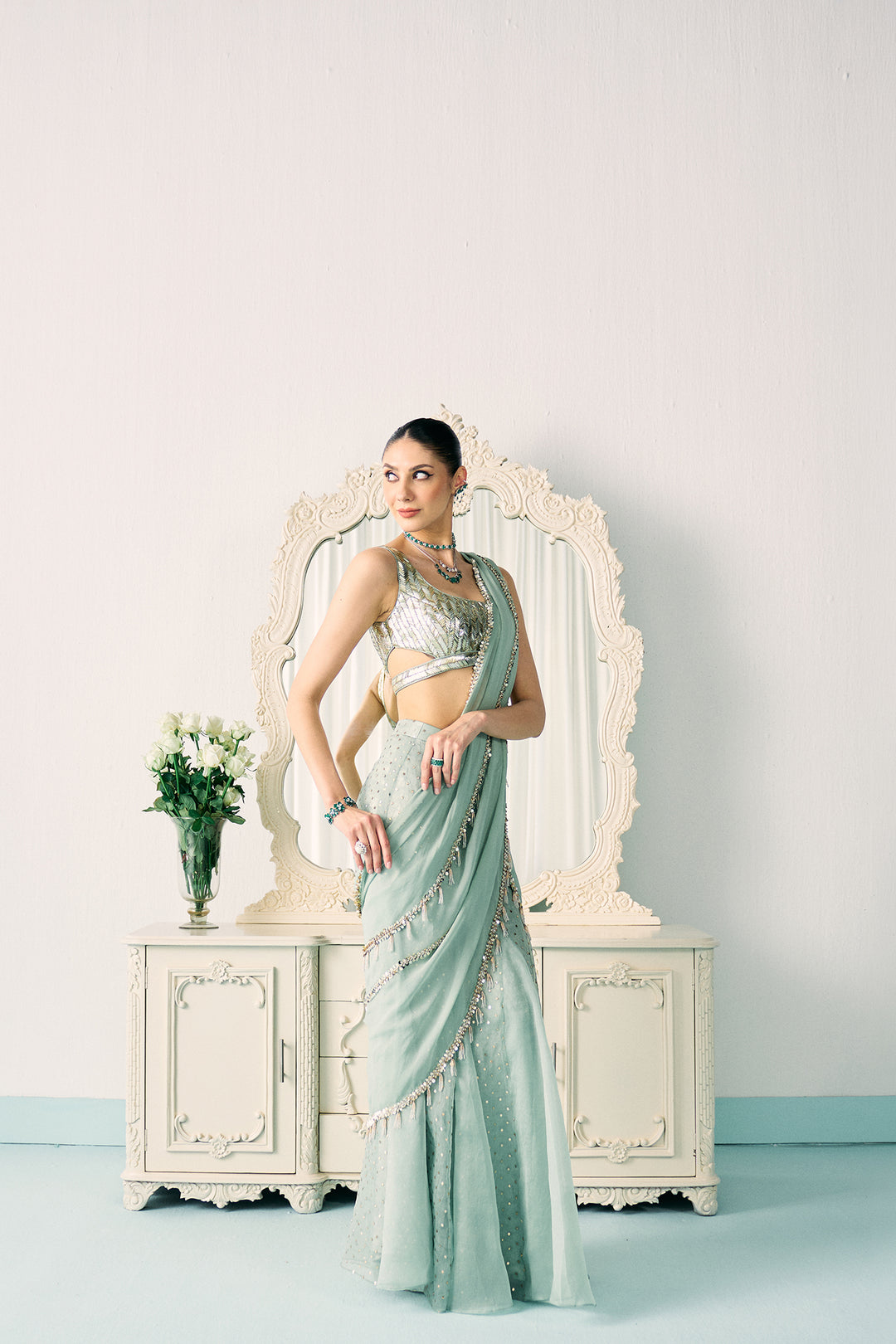 Aqua Mukaish Work Saree