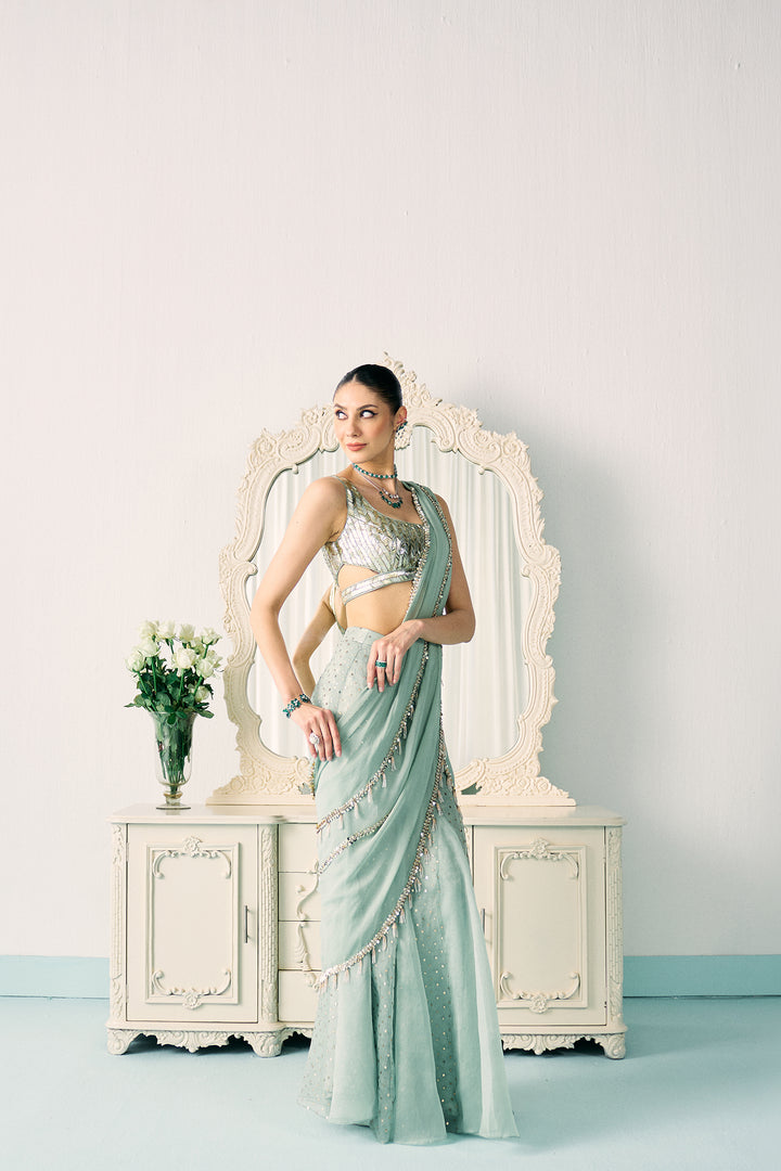 Aqua Mukaish Work Saree