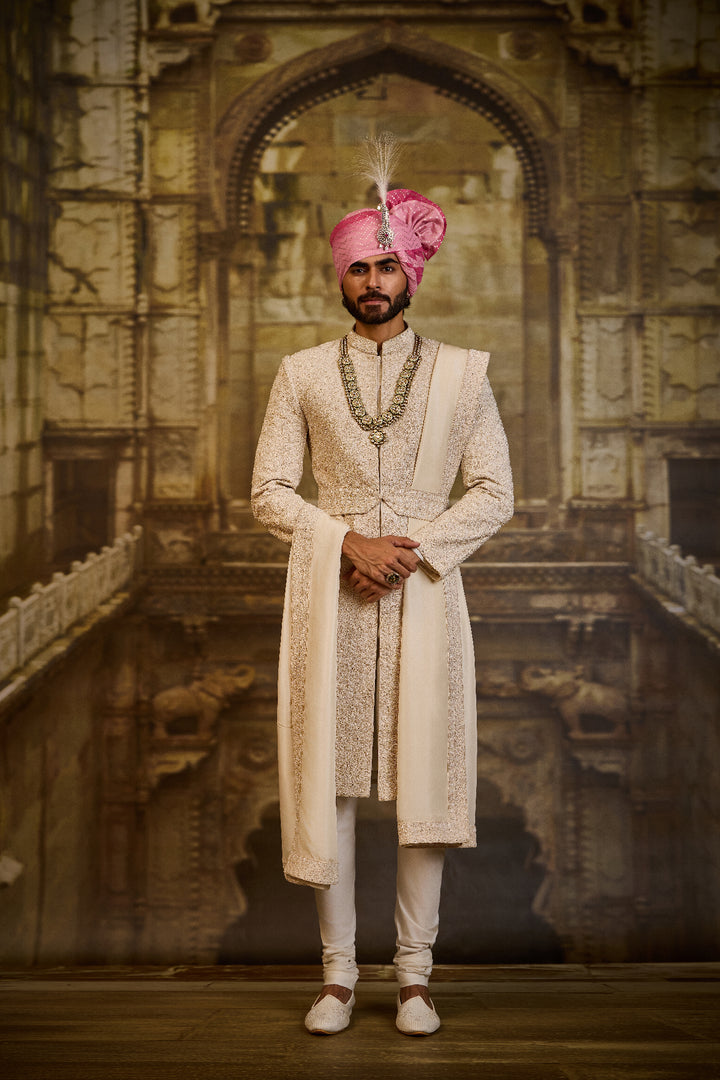 Ivory Sherwani With Kurta And Churidar