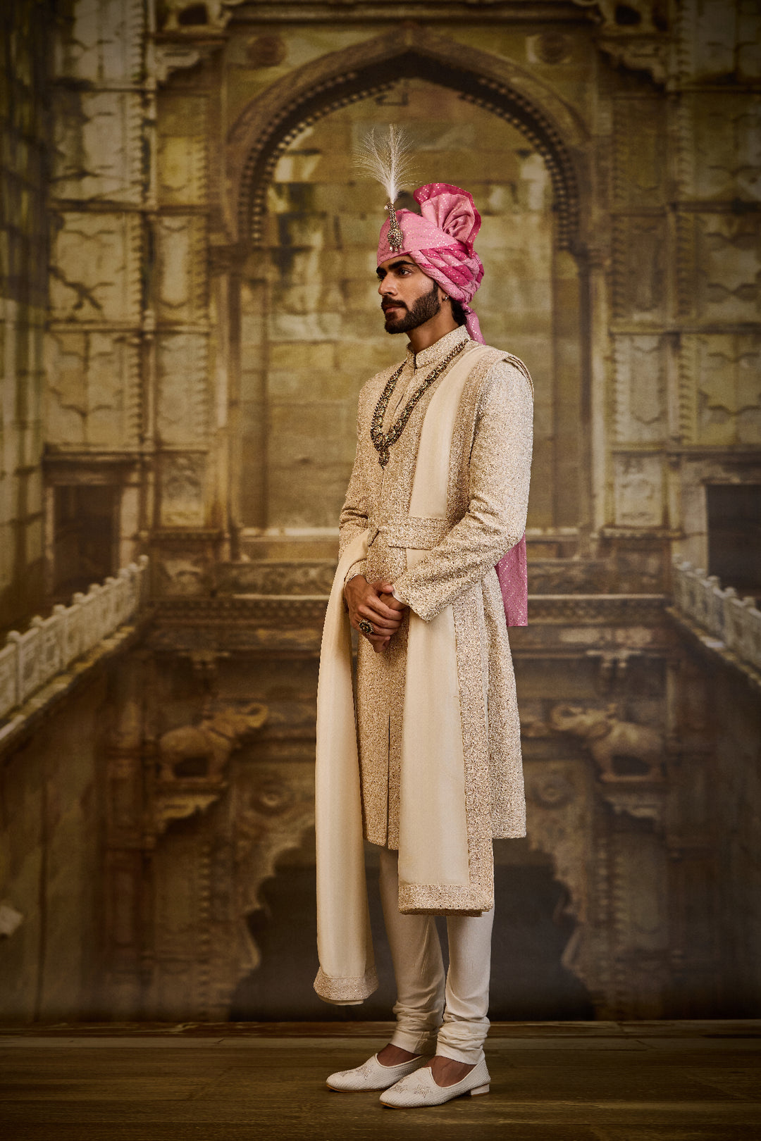 Ivory Sherwani With Kurta And Churidar