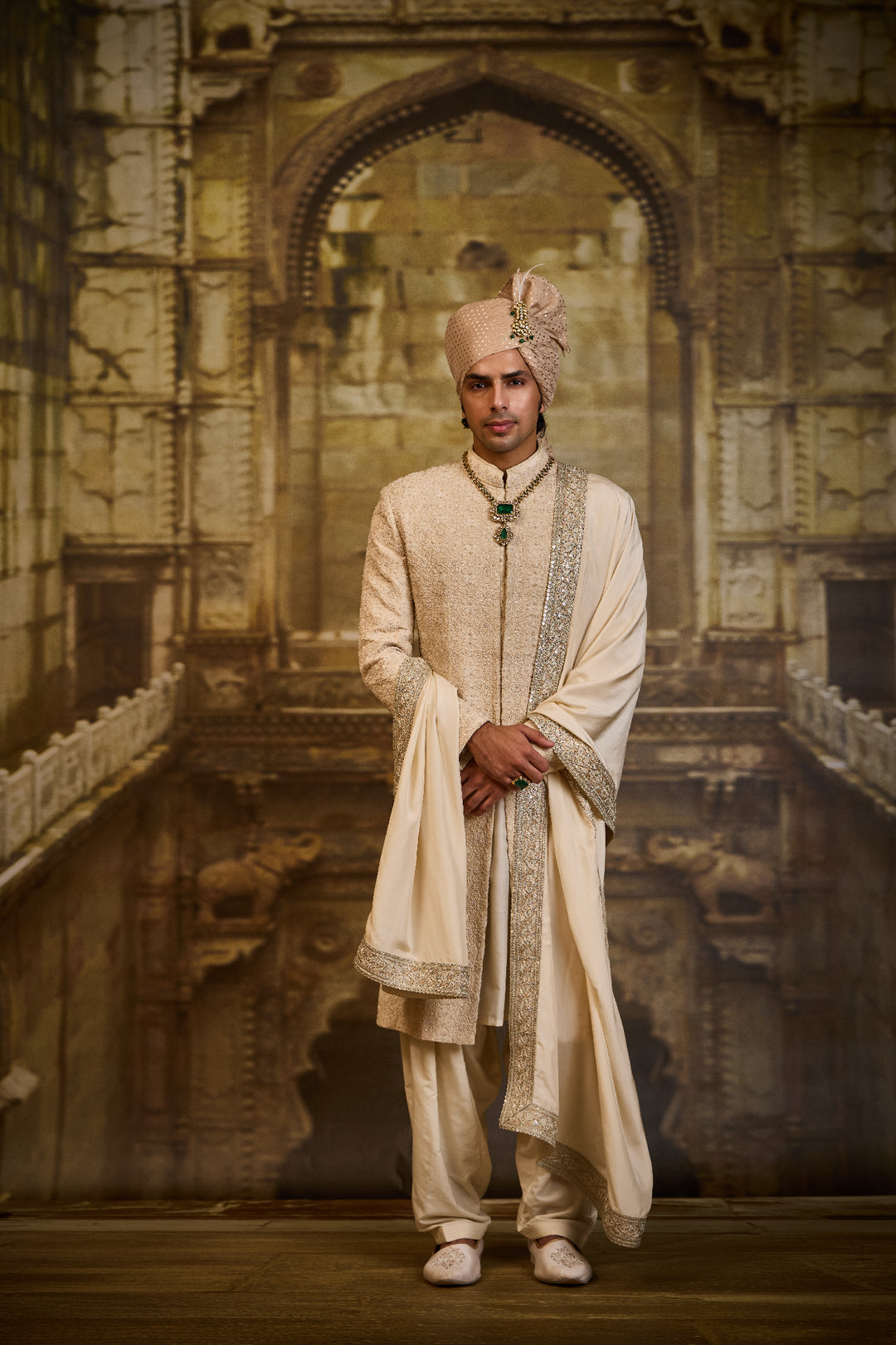 Light Beige Morrocan Pattern Embroidery Sherwani Set