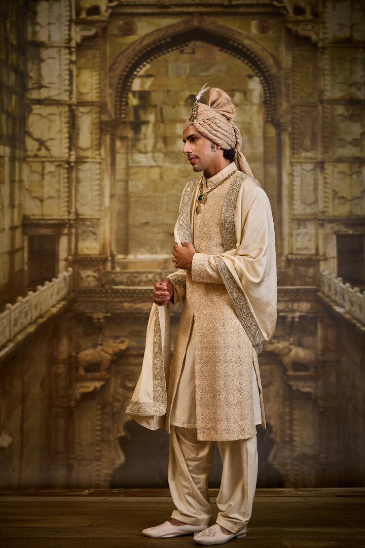 Light Beige Morrocan Pattern Embroidery Sherwani Set