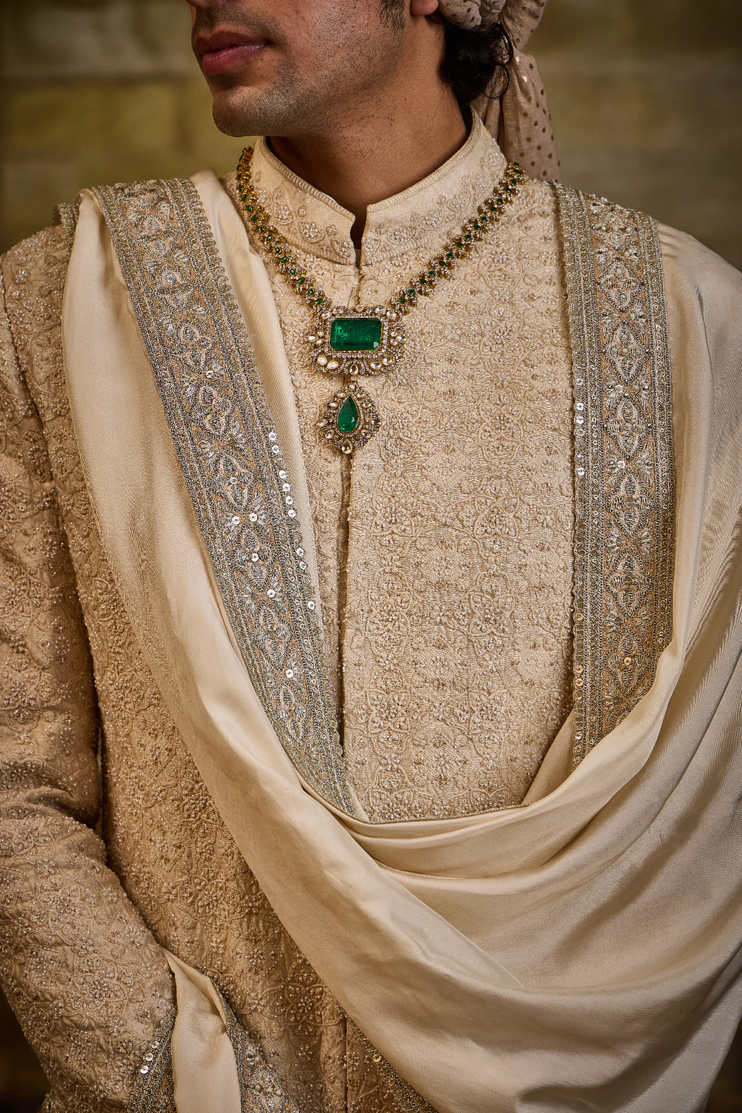 Light Beige Morrocan Pattern Embroidery Sherwani Set