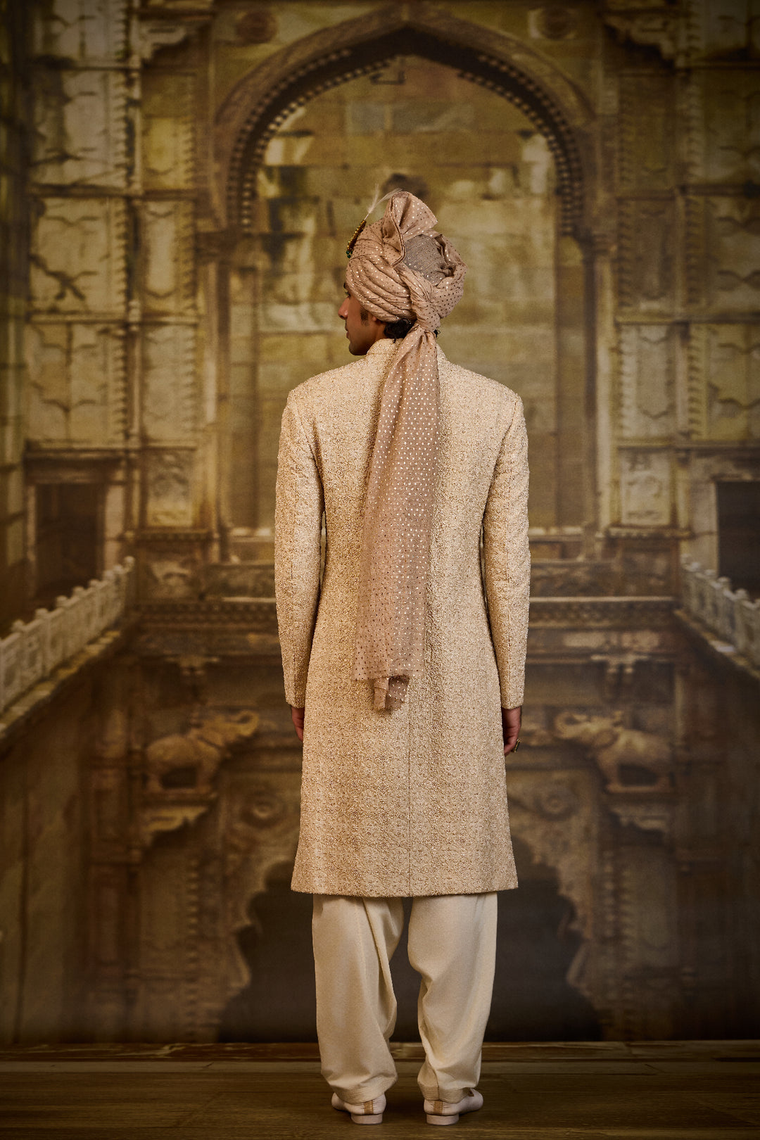 Light Beige Morrocan Pattern Embroidery Sherwani Set
