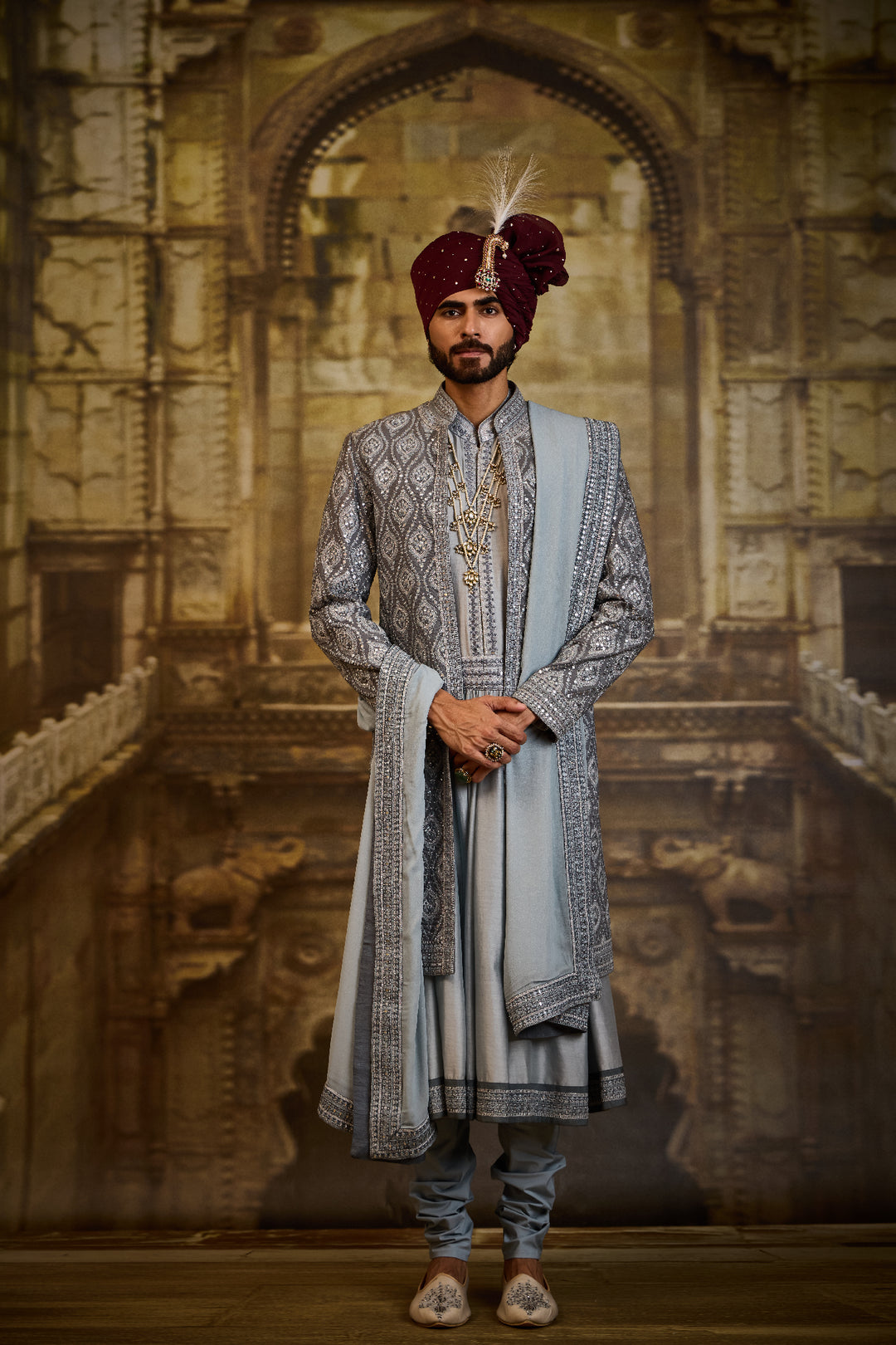 Blue Grey Open Sherwani Jacket With Choga And Churidar