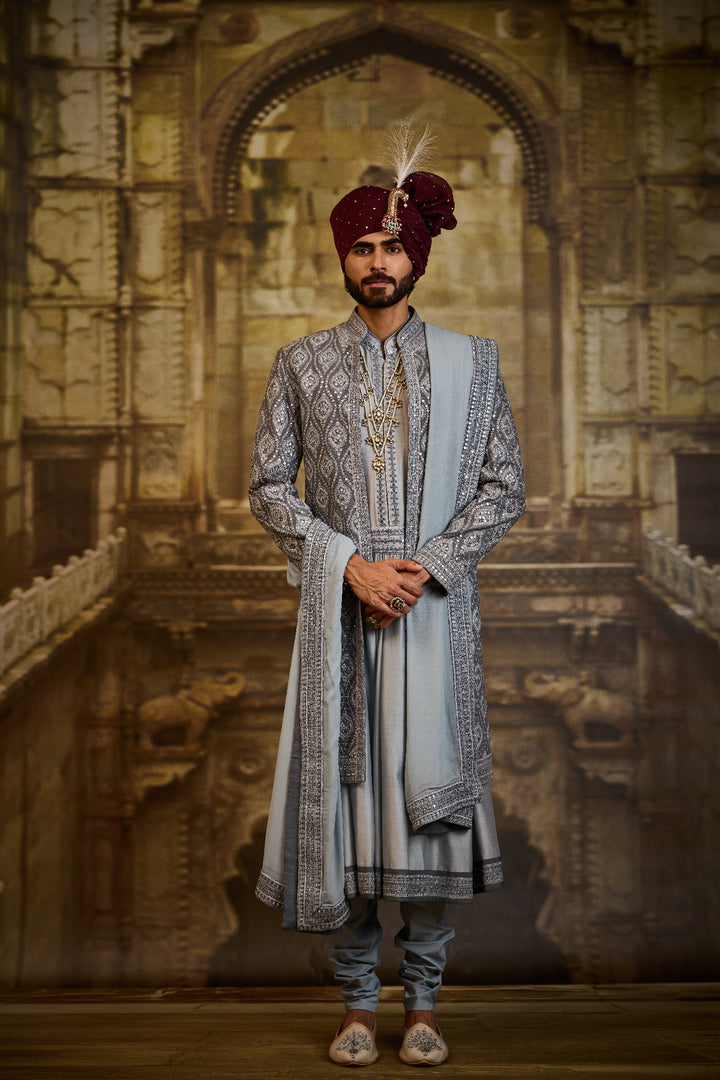Blue Grey Open Sherwani Jacket With Choga And Churidar