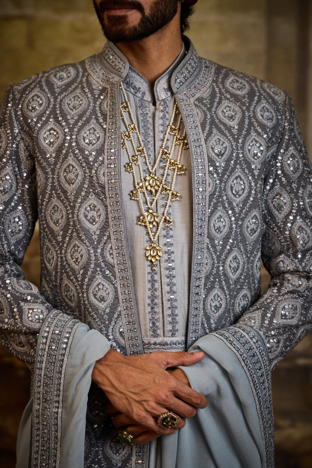 Blue Grey Open Sherwani Jacket With Choga And Churidar