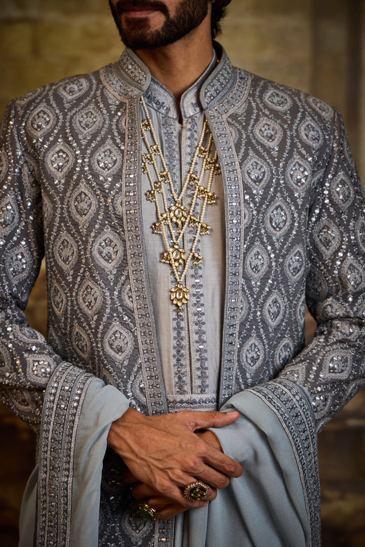 Blue Grey Open Sherwani Jacket With Choga And Churidar