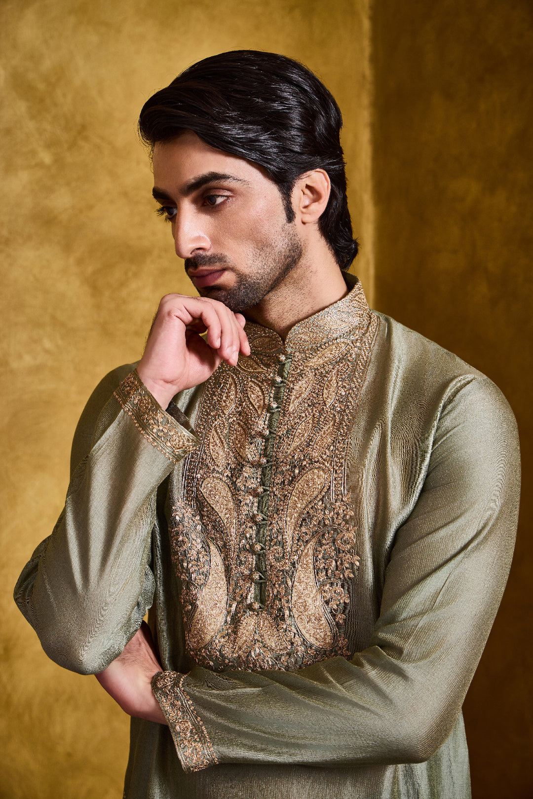Dark Olive Green Chanderi Kurta Churidar Set