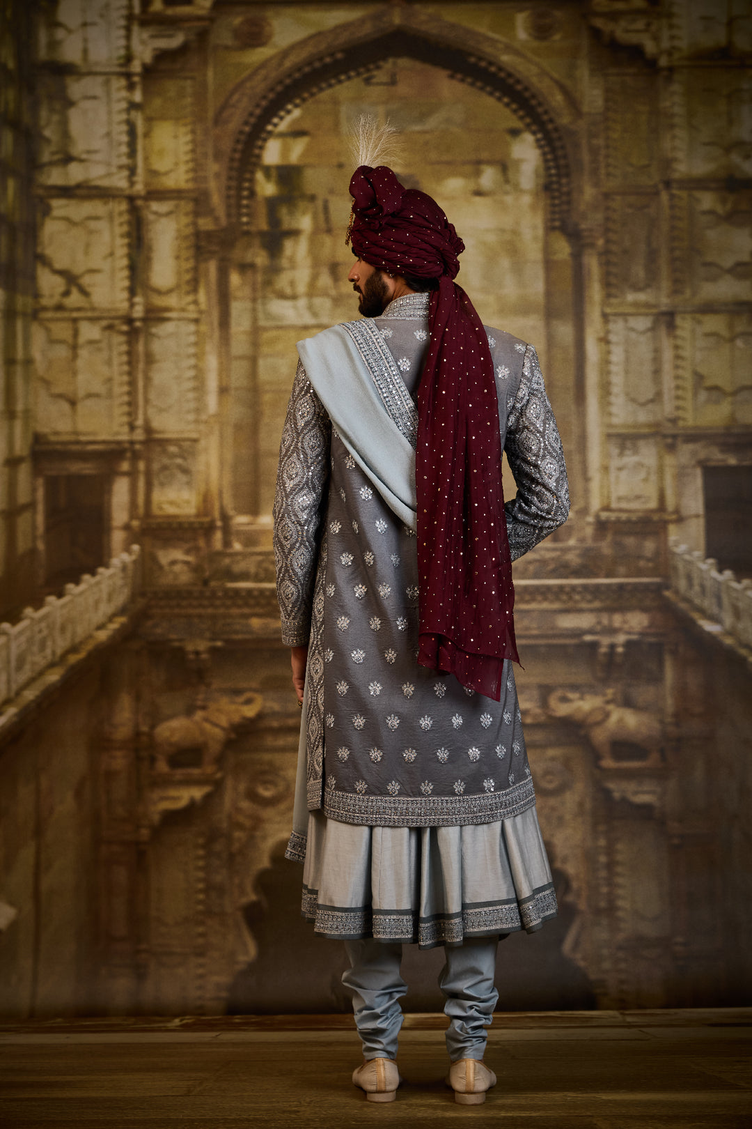 Blue Grey Open Sherwani Jacket With Choga And Churidar