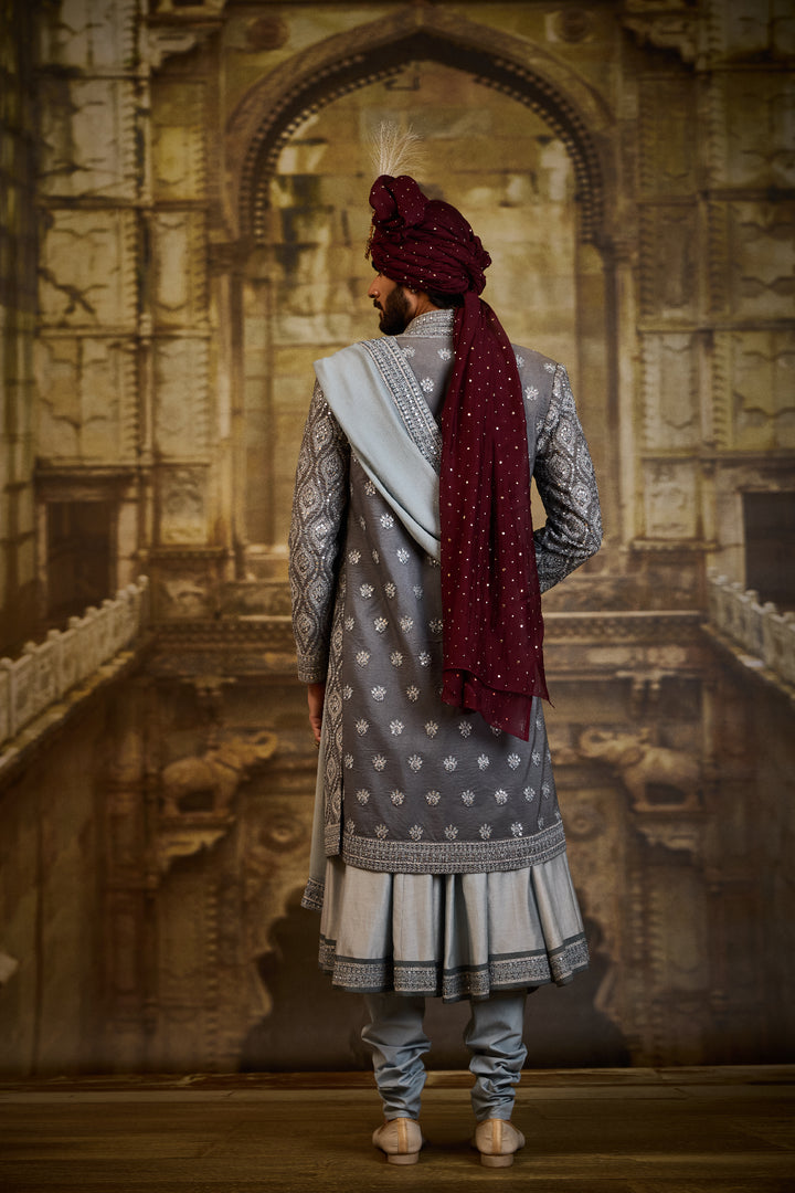 Blue Grey Open Sherwani Jacket With Choga And Churidar