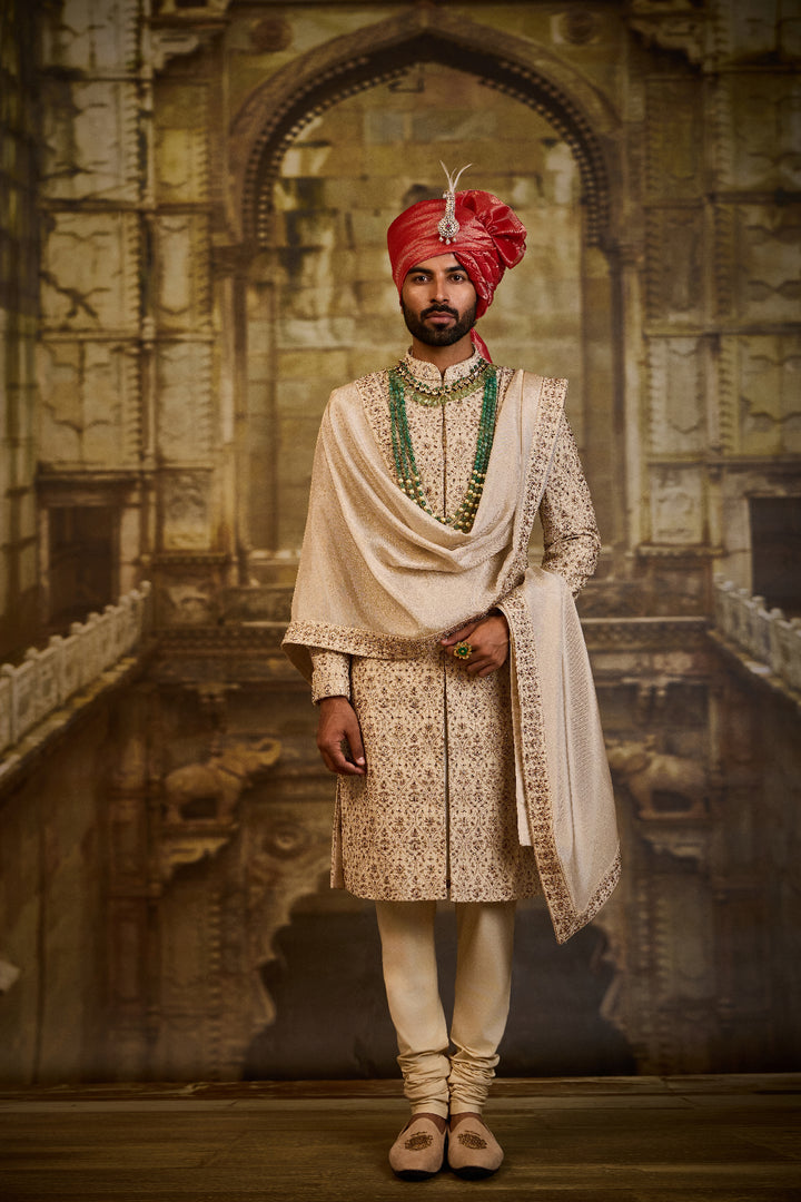 Beige Raw Silk Sherwani Kasab Embroidery