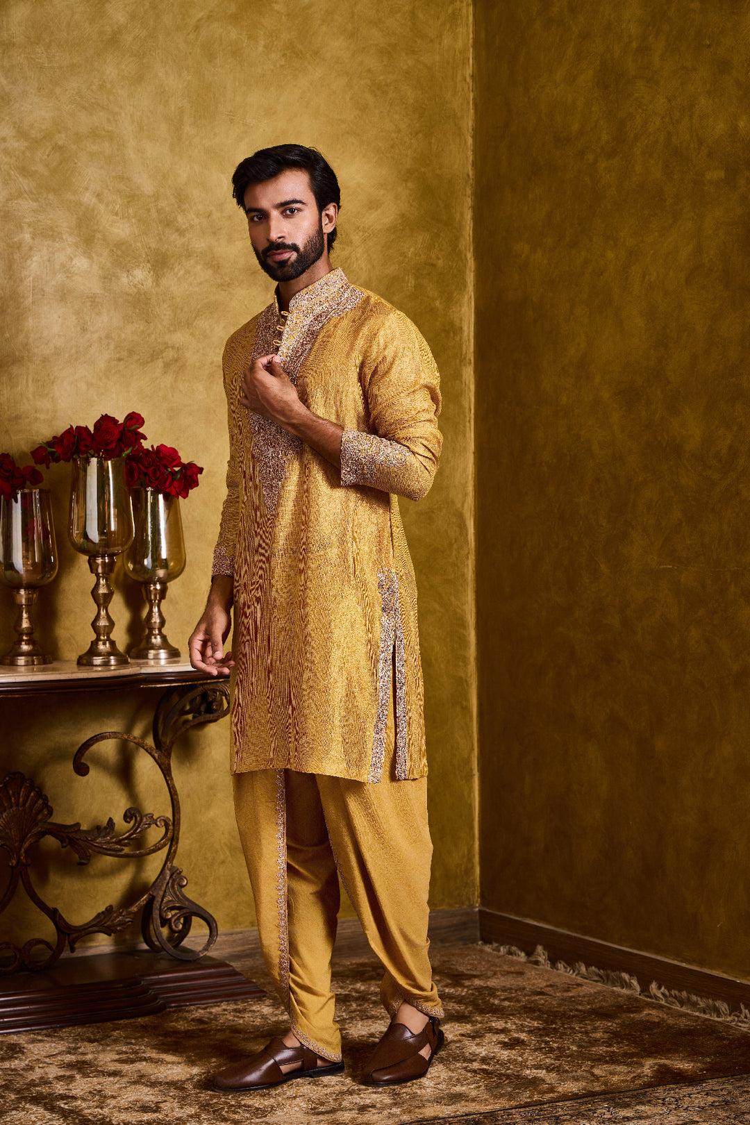 Mustard Tissue Chanderi Kurta Dhoti Set