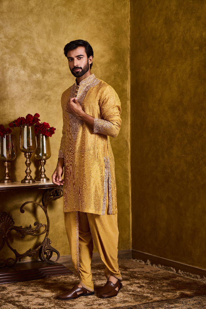 Mustard Tissue Chanderi Kurta Dhoti Set