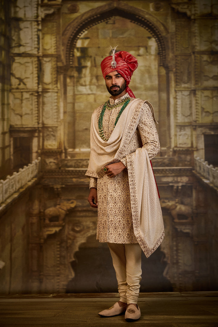 Beige Raw Silk Sherwani Kasab Embroidery