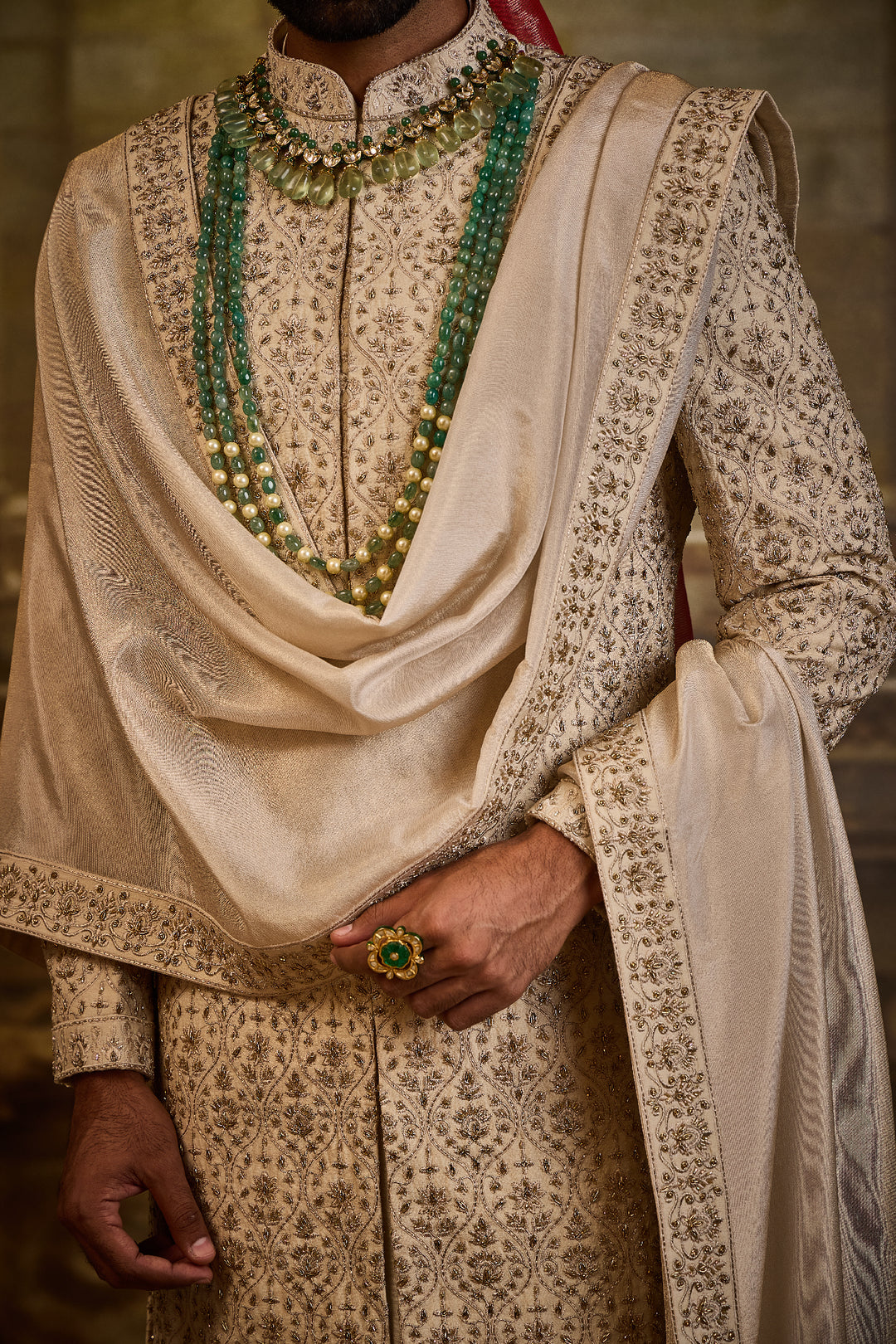 Beige Raw Silk Sherwani Kasab Embroidery