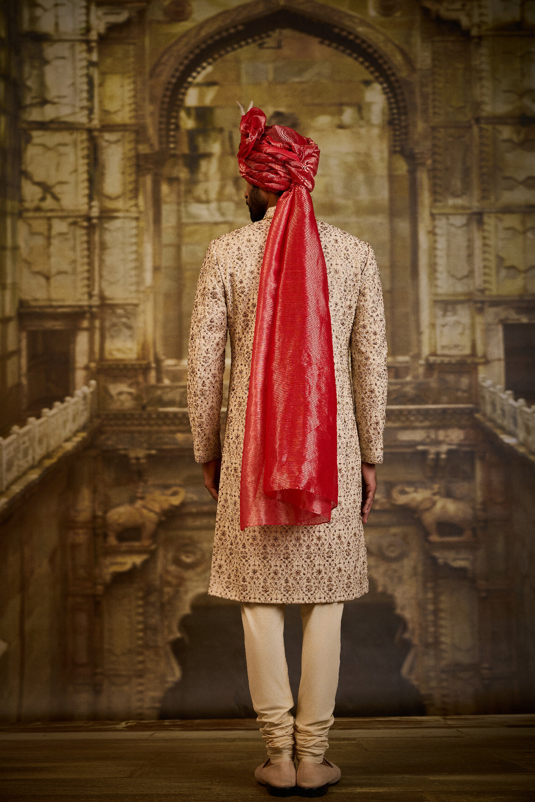 Beige Raw Silk Sherwani Kasab Embroidery